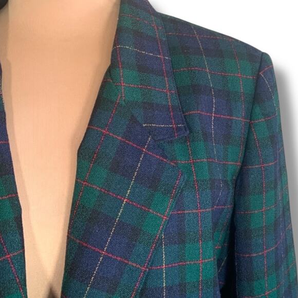 Vintage 90s Petite Green Navy Blue Plaid Wool Blazer Jacket Gold Buttons Preppy - Picture 5 of 11